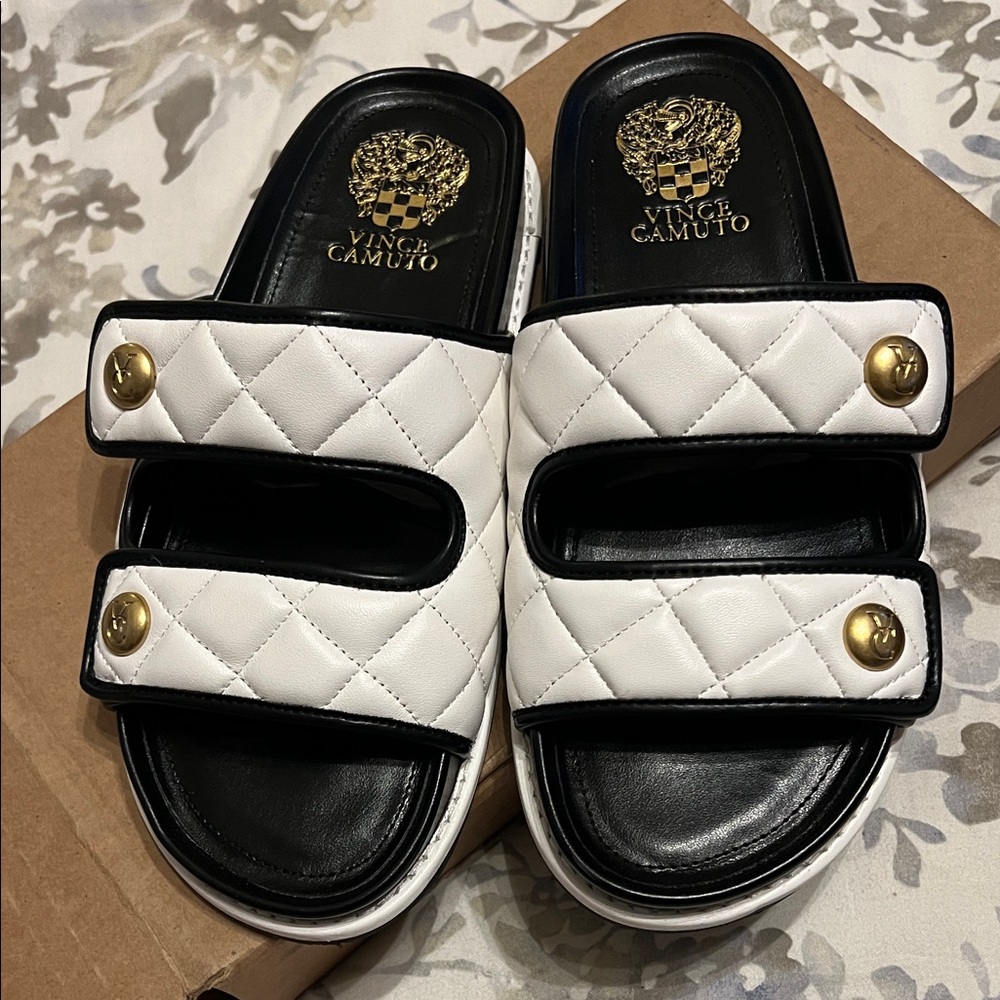Vince Camuto White Quilted Slide Sandals with Gold Accents Graysin